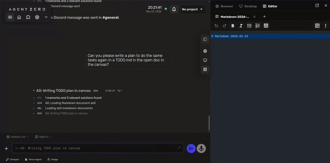 Animated clip: the agent and the user writing in the same markdown document