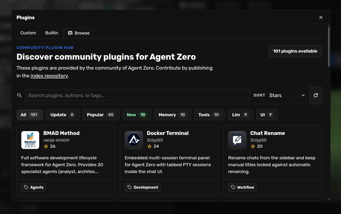 Screenshot of the plugin hub with community plugins